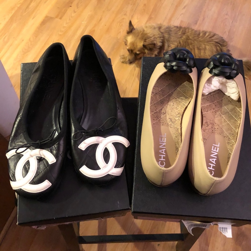 Authentic Chanel Taupe/Tan flat shoe with Camellia